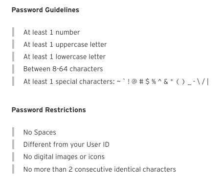 a screenshot of the current password requirements, notably requiring a length of 8 to 64 characters